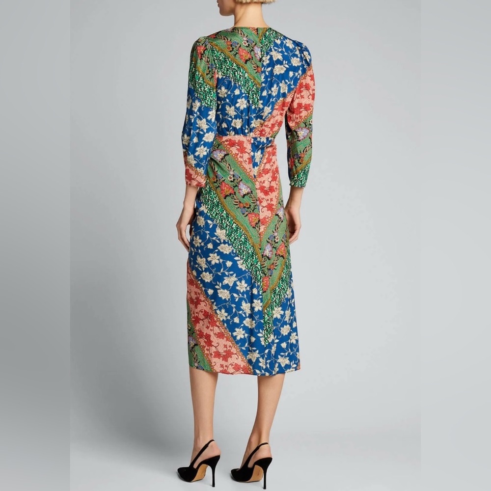 Veronica Beard Mary Ruched Patchwork 3/4 Sleeve Silk Blend Midi Dress - Picture 3 of 15